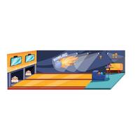 Bowling alley with fire ball rushing to the pins, modern empty club for playing bowling cartoon style vector illustration