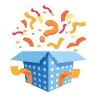 Blue gift box opening with confetti and question marks exploding out vector