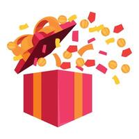 Gift box exploding with confetti and gold coins, winning concept vector