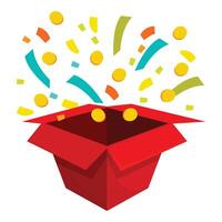 Red gift box exploding with golden coins and confetti vector