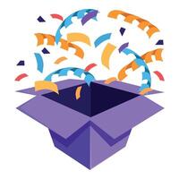 Open purple gift box exploding with colorful confetti vector