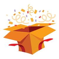 Open cardboard box exploding with colorful confetti vector
