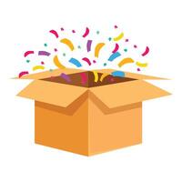 Open cardboard box exploding with colorful confetti vector
