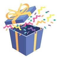 Blue gift box opening and exploding with colorful confetti vector