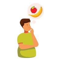 Overweight boy choosing between apple and banana thinking about healthy food vector