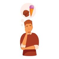Man is deciding between a cupcake and ice cream, struggling with a difficult food choice vector