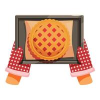 Baker holding baking sheet with freshly baked pie using oven mitts vector