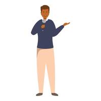 Confident speaker holding microphone, delivering captivating presentation vector