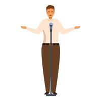 Confident public speaker delivering speech using microphone stand vector