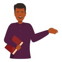 Smiling teacher holding book explaining something vector