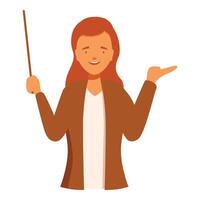 Smiling young woman teacher holding pointer and gesturing with hand vector