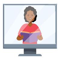 Teacher is giving online class holding a book on computer screen vector
