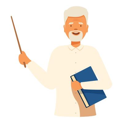 Senior professor holding book and pointing with wooden stick