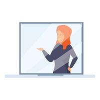 Smiling muslim businesswoman presenting something behind sneeze guard standing at counter vector