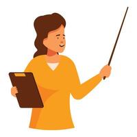 Teacher is holding a clipboard and pointing with a stick while explaining something vector