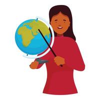 Geography teacher holding a pointer and showing continents on the globe for students vector