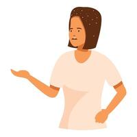Young woman showing something with empty hand and suffering from dandruff vector