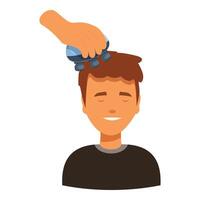 Barber using hair clipper on smiling man in barbershop vector