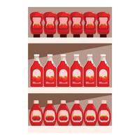 Supermarket shelf full of ketchup bottles with tomatoes on label vector