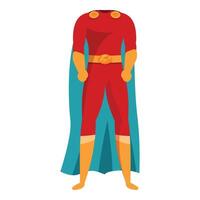 Superhero character standing in red and blue costume with cape vector