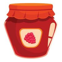Glass jar full of raspberry jam with red cap and label vector
