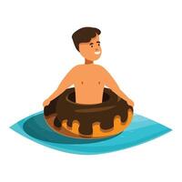 Boy floating on inflatable doughnut in swimming pool enjoying summer vacation vector