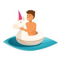 Boy relaxing on inflatable unicorn shaped float in swimming pool vector