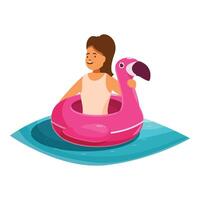 Girl relaxing on inflatable flamingo float in swimming pool vector