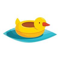 Yellow inflatable duckling pool float is lying on blue towel vector