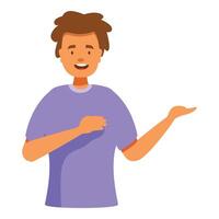 Young man is smiling and presenting something with his hand vector