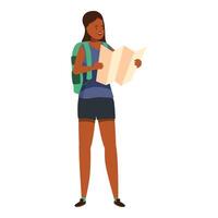 Smiling tourist woman searching direction on location map vector