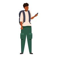 Young male tourist using navigation app on smartphone while hiking vector