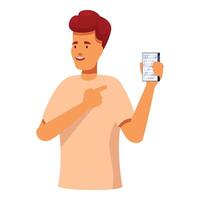 Young man is holding a smartphone and pointing at it with his finger vector