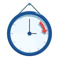 Blue clock with red arrow pointing down hanging on white background vector