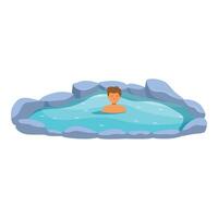 Young man relaxing in geothermal hot spring pool surrounded by rocks vector