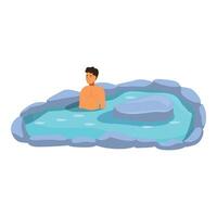 Man relaxing in open air onsen surrounded by rocks vector