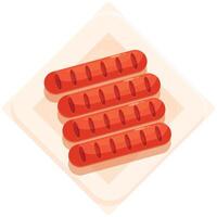 Five grilled sausages lying on square plate with beveled edges vector