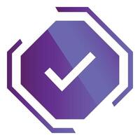 White check mark icon in purple hexagon showing validation vector