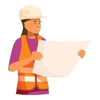 Female architect is reviewing blueprints on a construction site vector