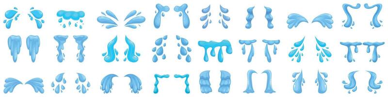 Tear streams icons set. Water splashing effects showing liquid motion in different shapes vector