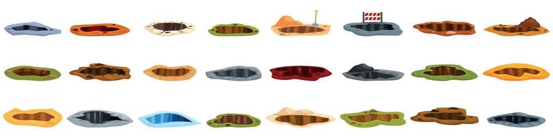 Hole ground icons set. Different types of holes in the ground being dug with a shovel vector