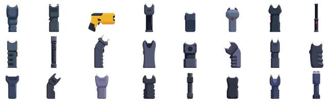 Electric shocker icons set. Set of electroshock gun icons showing different types of taser gun vector