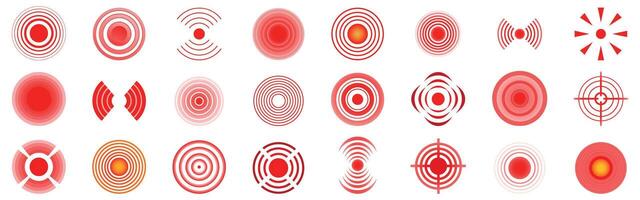 Pain red circle icons set. Red circles are indicating location of the pain, ache, injury or trigger point vector