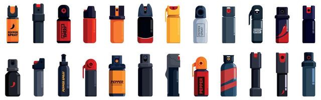 Pepper spray icons set. Collection of pepper sprays for self defense in various shapes and colors vector