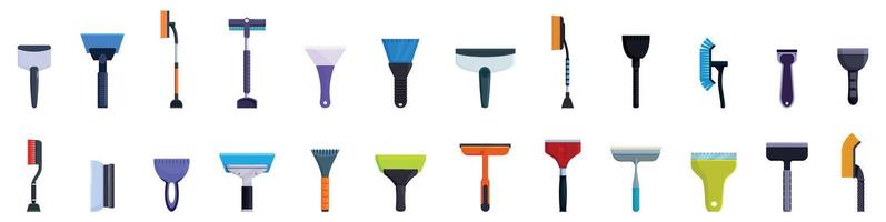 Scraper cleaning car icons set. Car ice scraper set removing snow from windshield vector