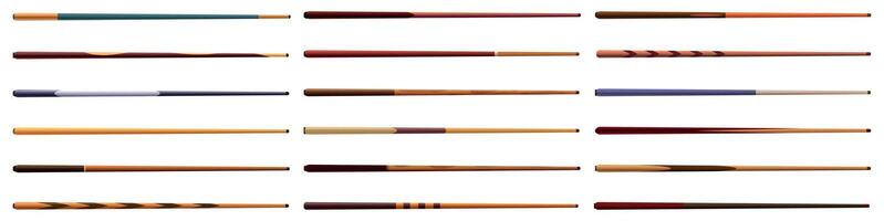 Cues billiard icons set. Billiard cue stick set showing different wood types and designs vector