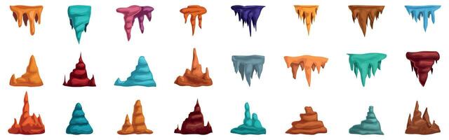Stalactite icons set. Collection of colorful stalactites and stalagmites growing from ceiling and floor vector