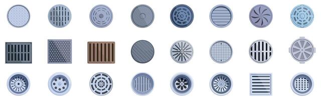 Drain manhole icons set. Collection of various manhole covers showing different textures and patterns vector