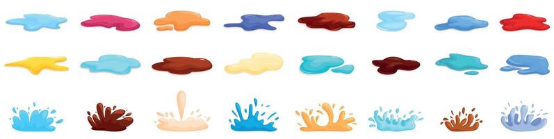 Liquid splatter surface icons set. Colorful liquid splashes and puddles flowing on the ground vector
