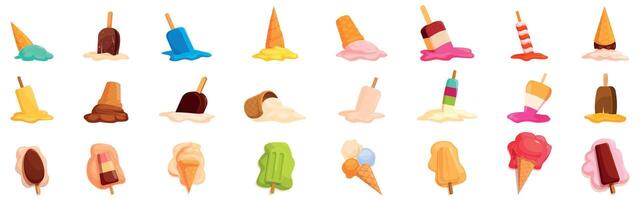 Melted ice cream icons set. Different sorts of ice cream melting on the ground vector